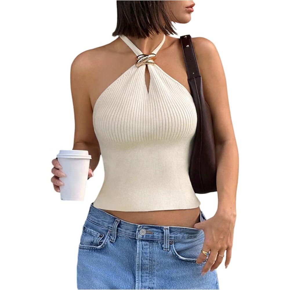 Knit Halter Sleeveless Cropped Going Out Apricot Top, XS, 6E-208T001